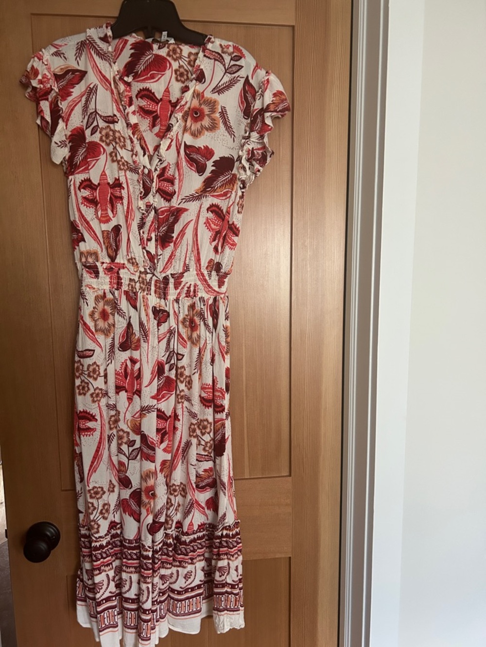 next White Midi Dress with Red Floral Print